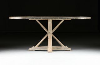 AN INDUSTRIAL STYLE ZINC METAL AND PICKLED PINE BREAKFAST TABLE, MODERN,