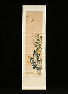 A CHINESE SCROLL PAINTING, "Bird Hunting Insect with Pink and Yellow Chrysanthemums on Rocks," QING DYNASTY (1644-1912)