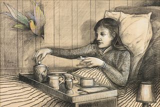 PETER PAONE (American b. 1936) A DRAWING, "Breakfast in Bed," 1981,