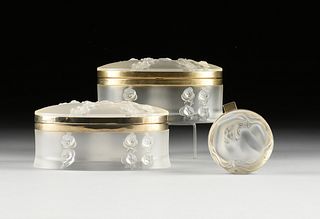THREE LALIQUE FROSTED CRYSTAL BOXES, COPPELIA / DAPHNE PATTERNS, SIGNED, LATE 20TH CENTURY,