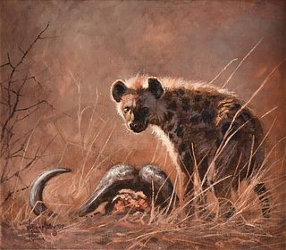 KOBUS MÖLLER (African b. 1949) A PAINTING, "Hyena with Cape Buffalo Horns," 1997,