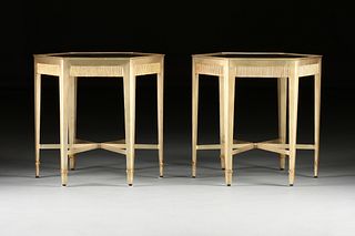 A PAIR OF CONTEMPORARY GLASS TOPPED GILT SILVER PAINTED METAL HEXAGONAL SIDE TABLES,  