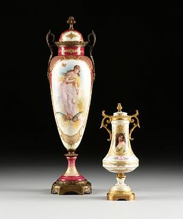 TWO SÈVRES STYLE HAND PAINTED AND BRONZE MOUNTED PORCELAIN LIDDED URNS, MARKED, 19TH /20TH CENTURY, 