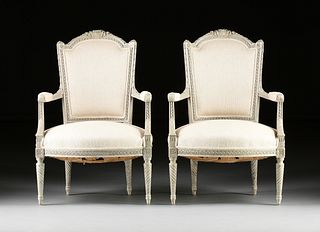 A PAIR OF LOUIS XVI STYLE GREY PAINTED AND UPHOLSTERED WOOD FAUTEUILS, 19TH CENTURY,