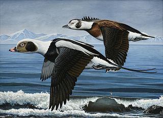 GEORGE LOCKWOOD (American b. 1961) A PAINTING, "Long Tailed Ducks in Flight over Mountain Landscape,"