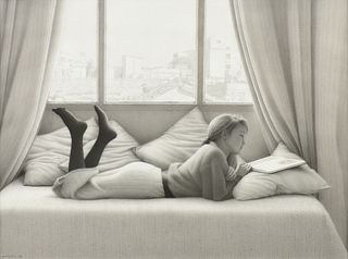 GERARDO PITA (Spanish b. 1950) A HYPER REALISTIC DRAWING, "Girl with Stockings Reading by Window," 1988,