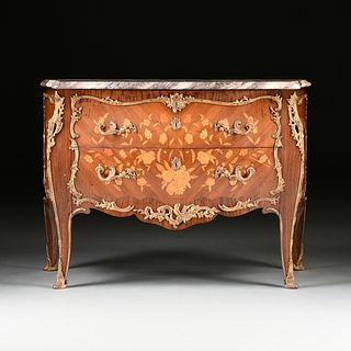 A LOUIS XV STYLE ORMOLU MOUNTED AND MARBLE TOPPED TULIPWOOD WITH VARIOUS WOODS MARQUETRY COMMODE, BY J SARGUES, 20TH CENTURY, 