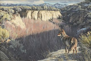 DAVE WADE (American 1952-2019) A PAINTING, "Coyote at Sunset," 