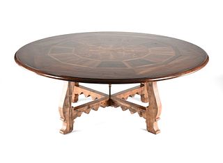 A HAMILTON VARIOUS INLAID WOODS CIRCULAR MARQUETRY DINING TABLE, CHATEAU, MODERN,