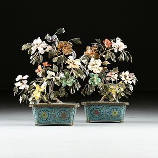 A PAIR OF VINTAGE CHINESE JADE AND HARDSTONE BLOSSOMING TREES IN CLOISONNÉ JARDINIÈRES, REPUBLIC PERIOD (1912-1949),