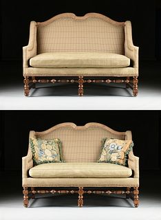 A PAIR OF FERGUSON COPELAND "EUROPEAN TOUR" SUEDE LEATHER AND HOUND'S TOOTH PLAID UPHOLSTERED WALNUT LOVESEATS, MODERN,