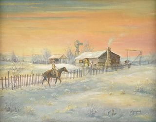 CAL GASPARD (American/Texas 1934-2020) A PAINTING, "Frontier Cabin in the Snow,"