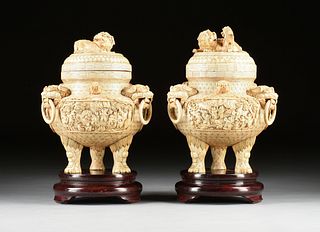 A PAIR OF LARGE CHINESE CARVED BONE "100 BOYS" LIDDED TRIPOD VESSELS, LATE 20TH CENTURY,