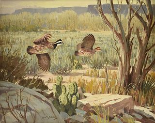 LEE LEBLANC (American 1913-1988) A PAINTING, "Common Quail in Flight over Cactus," 