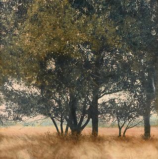 NANCY CONRAD (American/Texas b. 1940) A PAINTING, "Three Trees in Landscape (Untitled)," 1981,