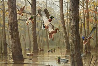 LEE LEBLANC (American 1913-1988) A PAINTING, "Mallard Ducks in the Swamp," 