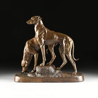 after CLOVIS MASSON (French 1838-1913) A BRONZE DOG GROUP SCUPTURE, "Whippets," SIGNED, EARLY 20TH CENTURY,