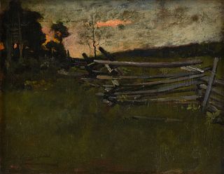 ELLIOT DAINGERFIELD (American 1859-1932) A TONALIST PAINTING, "Fence in Landscape at Sunset,"