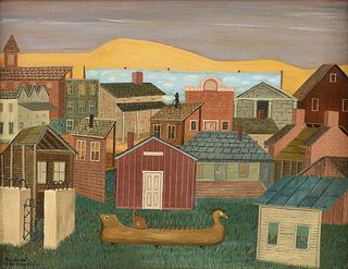 STREETER BLAIR (American 1888-1966) A NAIVE PAINTING, "Location," 1953,