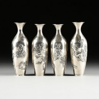 A SET OF FOUR JAPANESE "FLOWER ARRANGING" STERLING SILVER VASES, SIGNED, JUNGIN MARK, EARLY 20TH CENTURY,