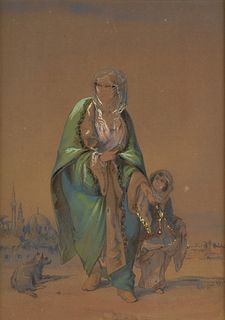AMEDEO PREZIOSI (Maltese/Istanbul 1816-1882) AN ORIENTALIST PAINTING, "A Mother with Child and a Dog," 1859, 
