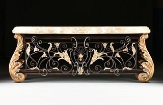 A GRAND ROCOCO STYLE MARBLE TOPPED PARCEL GILT CARVED WOOD AND WROUGHT IRON CONSOLE, LATE 20TH CENTURY,
