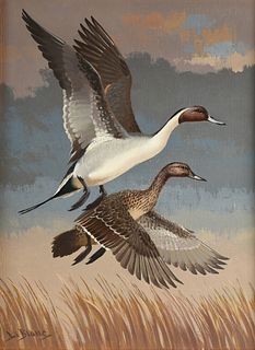 LEE LEBLANC (American 1913-1988) A PAINTING, "Northern Pintail (Anas Acuta) Ducks in Flight," 