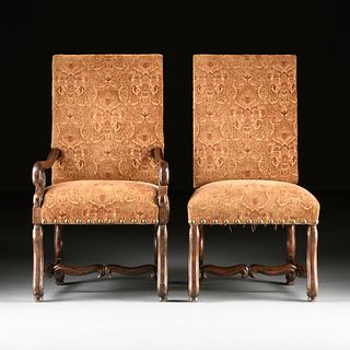 A SET OF TEN LOUIS XIV STYLE UPHOLSTERED AND CARVED WALNUT DINING CHAIRS, 20TH CENTURY,