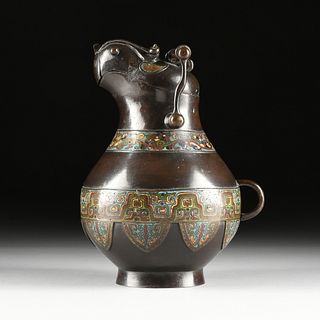 A CHINESE ARCHAISTIC STYLE CLOISONNÉ AND PATINATED BRONZE ZOOMORPHIC WINE VESSEL, QING DYNASTY, 19TH CENTURY, 