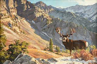 DAVE WADE (American 1952-2019) A PAINTING, "Mule Deer Buck in Mountain Landscape," 