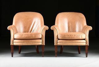 A PAIR OF ART DECO STYLE TAN LEATHER CLUB CHAIRS, BY BAKER FURNITURE, MODERN,