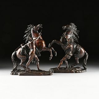 after GUILLAUME COUSTOU (French 1677-1746) PAIR OF BRONZE SCULPTURES, "Marly Horses," FRENCH, LATE 19TH/EARLY 20TH CENTURY,