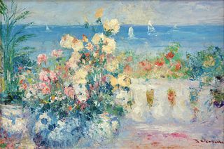 JACQUES DEVEAU (French b. 1937) A PAINTING, "Flowers on the Terrace Overlooking Sailboats,"
