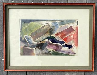 Nice unidentified abstract modernist mixed media gouache, ex Roten, unsigned