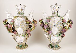 Pair of Large 19th C. Meissen Style Porcelain Figural