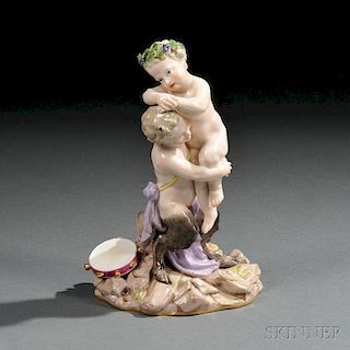Meissen Porcelain Figure Group of a Putto and Infant Satyr