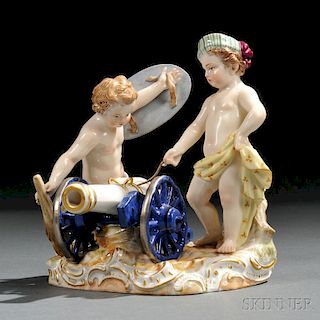 Meissen Porcelain Figure Group of Putti with a Cannon
