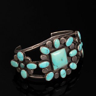 Diné [Navajo], Silver and Turquoise Cuff Bracelet, ca. 1940