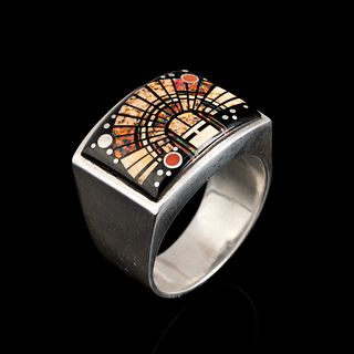 Diné [Navajo], Calvin Begay, Silver Channel Inlay Pictorial Ring