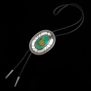 Isleta/Diné [Navajo], Pete Sanchez, Sterling Silver and Royston Turquoise Bolo Tie