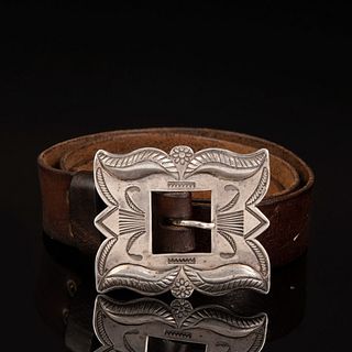 Foothills, California, Leather Belt and Diné Hand Stamped Silver Buckle, ca. 1930