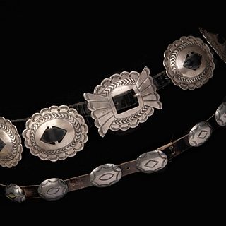 Diné [Navajo], Group of Two Silver Concha Belts