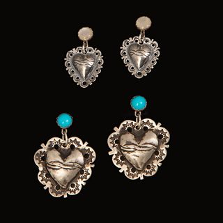 Ralph Sena, Two Pairs of Heart Form Silver and Turquoise Earrings