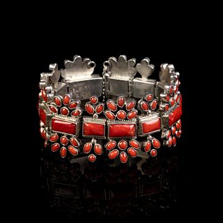 Diné [Navajo], Alice Lister, Coral and Silver Bracelet