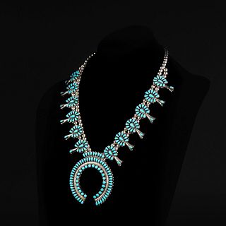Zuni, Sterling Silver and Turquoise Squash Blossom Necklace