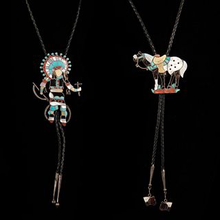 Zuni, Group of Two Stone Inlay Bolo Ties