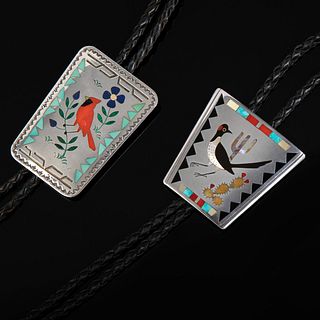 Zuni, Group of Two Silver and Stone Inlay Bolo Ties