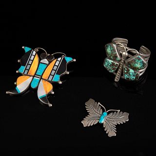 Zuni, Diné [Navajo] and Hispanic, Group of Three Butterfly Jewelry Pieces