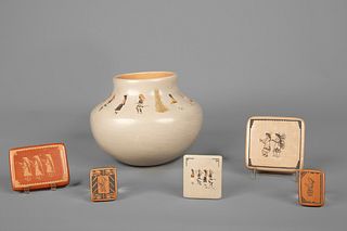 San Ildefonso, Diane Calabaza [He’Shi Flower], Group of Six Pottery Items