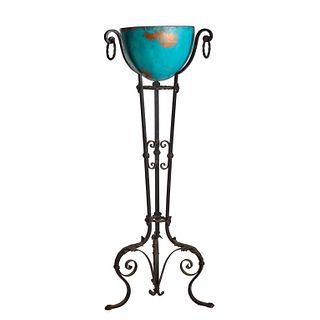 tripartite wrought iron stand w/blue vase